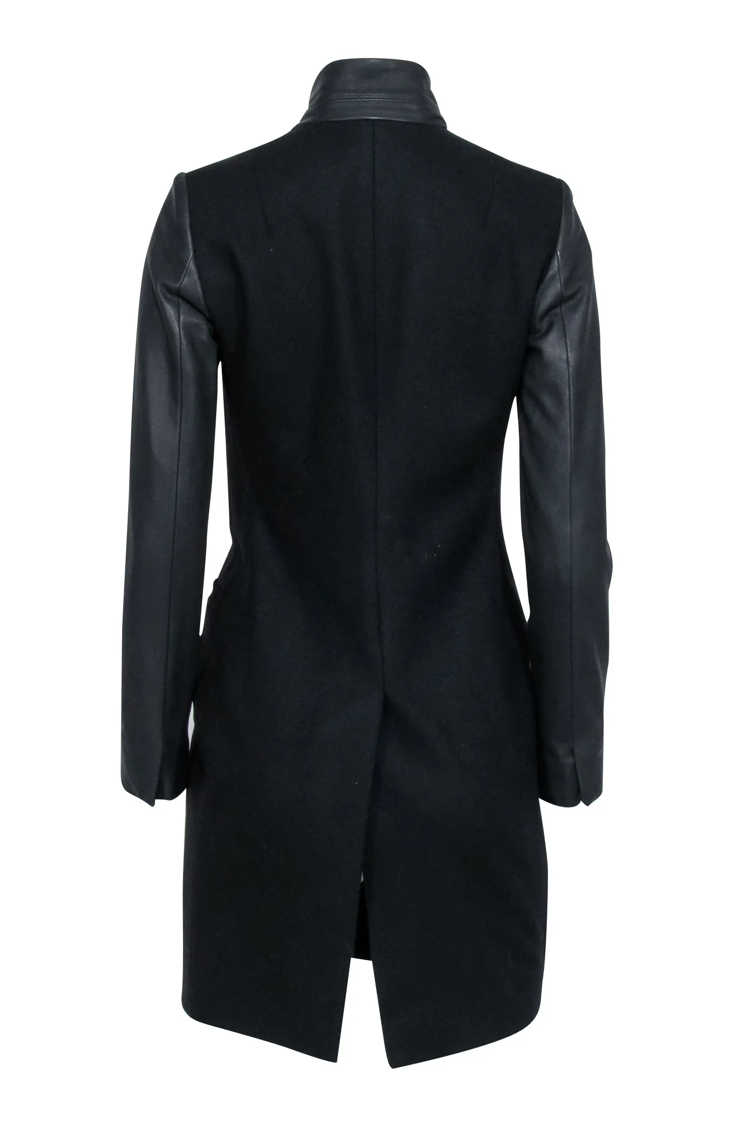 All Saints - Black Wool Blend Coat w/ Lamb Leather Sleeves & Collar Sz 00