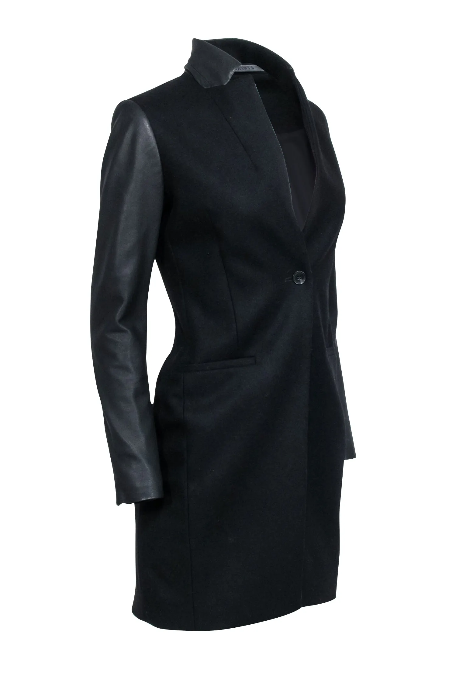 All Saints - Black Wool Blend Coat w/ Lamb Leather Sleeves & Collar Sz 00