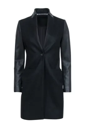 All Saints - Black Wool Blend Coat w/ Lamb Leather Sleeves & Collar Sz 00