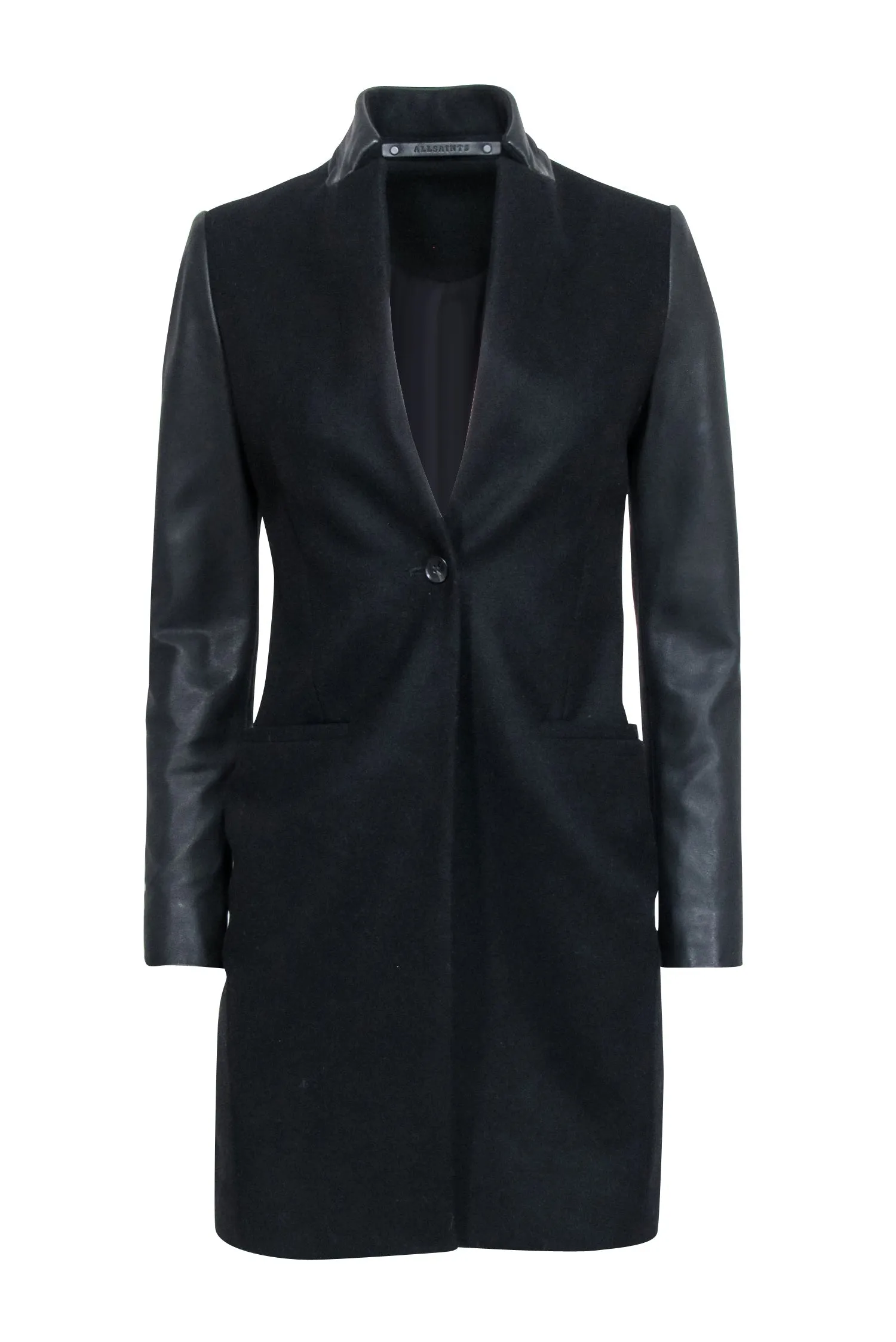 All Saints - Black Wool Blend Coat w/ Lamb Leather Sleeves & Collar Sz 00