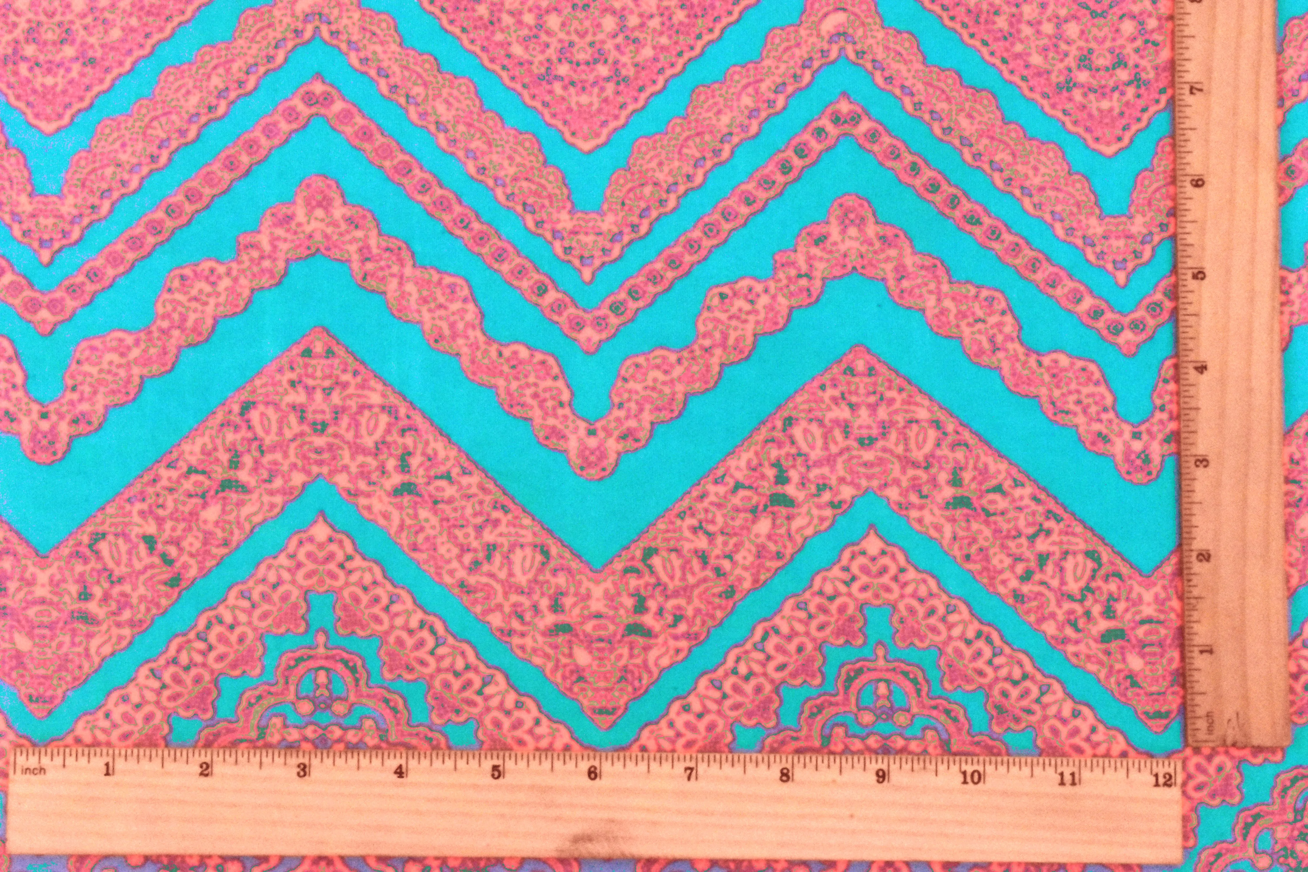 Aqua Teal-Neon Coral Lace Chevron Printed Double Brushed ITY Knit Fabric