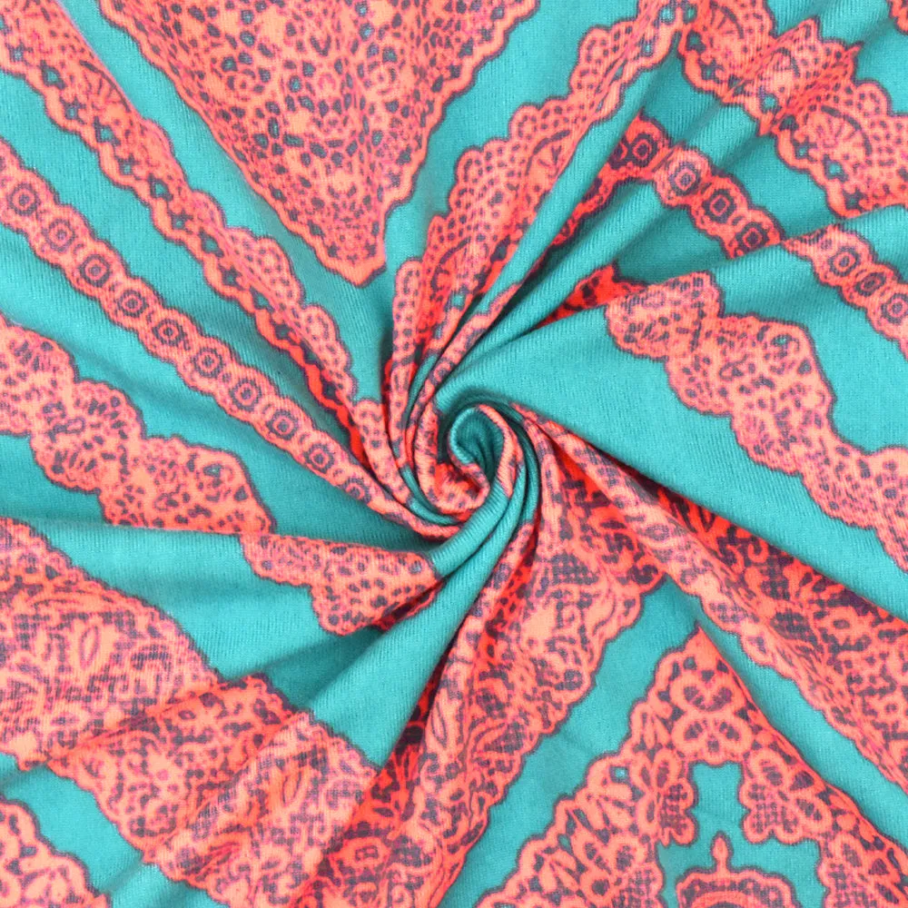 Aqua Teal-Neon Coral Lace Chevron Printed Double Brushed ITY Knit Fabric
