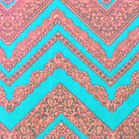 Aqua Teal-Neon Coral Lace Chevron Printed Double Brushed ITY Knit Fabric