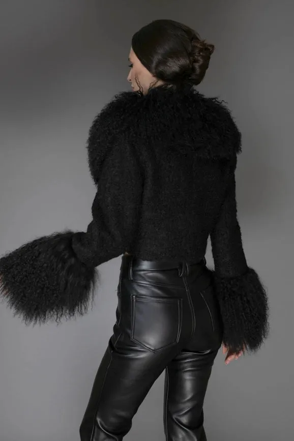 Aw - Black Cropped Mongolian Shearling Coat