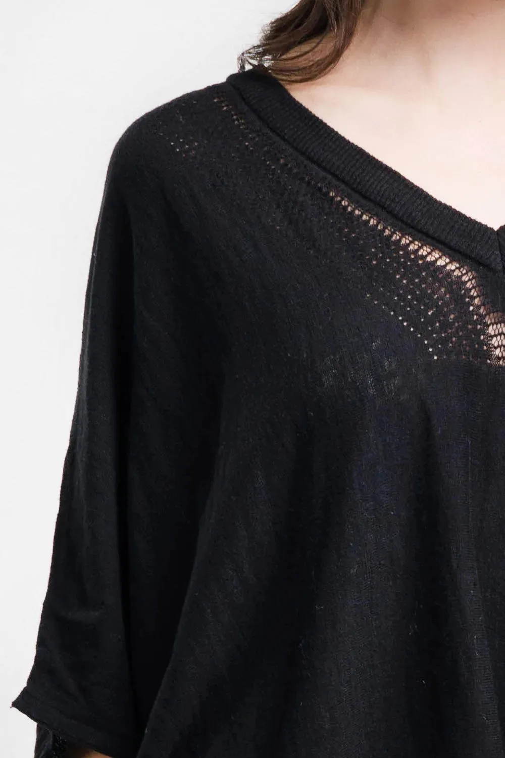 BLACK FRINGE V-NECK PONCHO SWEATER