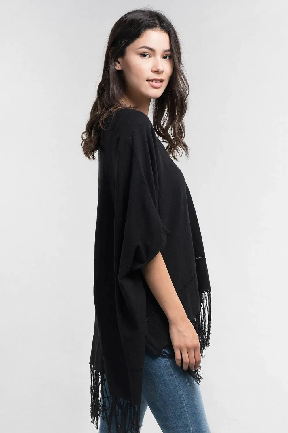 BLACK FRINGE V-NECK PONCHO SWEATER