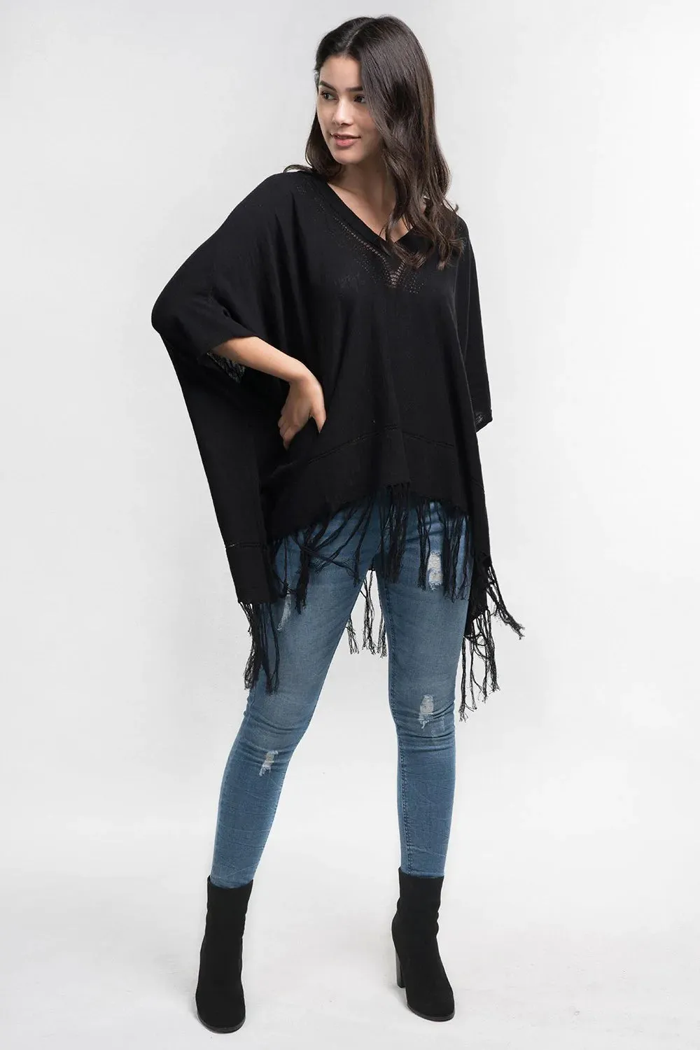 BLACK FRINGE V-NECK PONCHO SWEATER