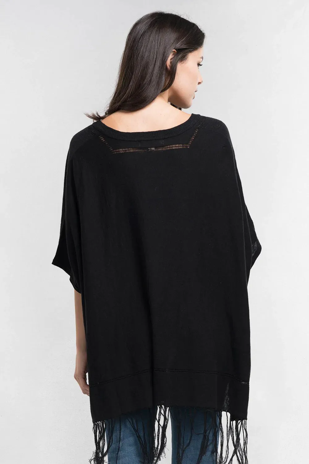 BLACK FRINGE V-NECK PONCHO SWEATER