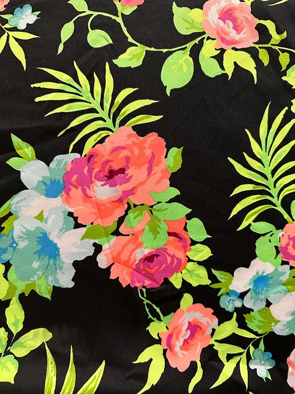 Black Neon Rose Print Scuba Knit Fabric