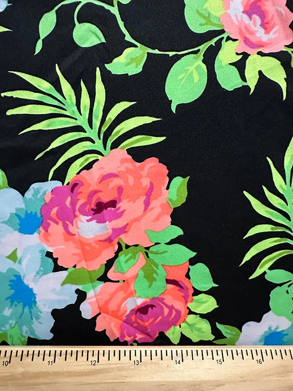 Black Neon Rose Print Scuba Knit Fabric