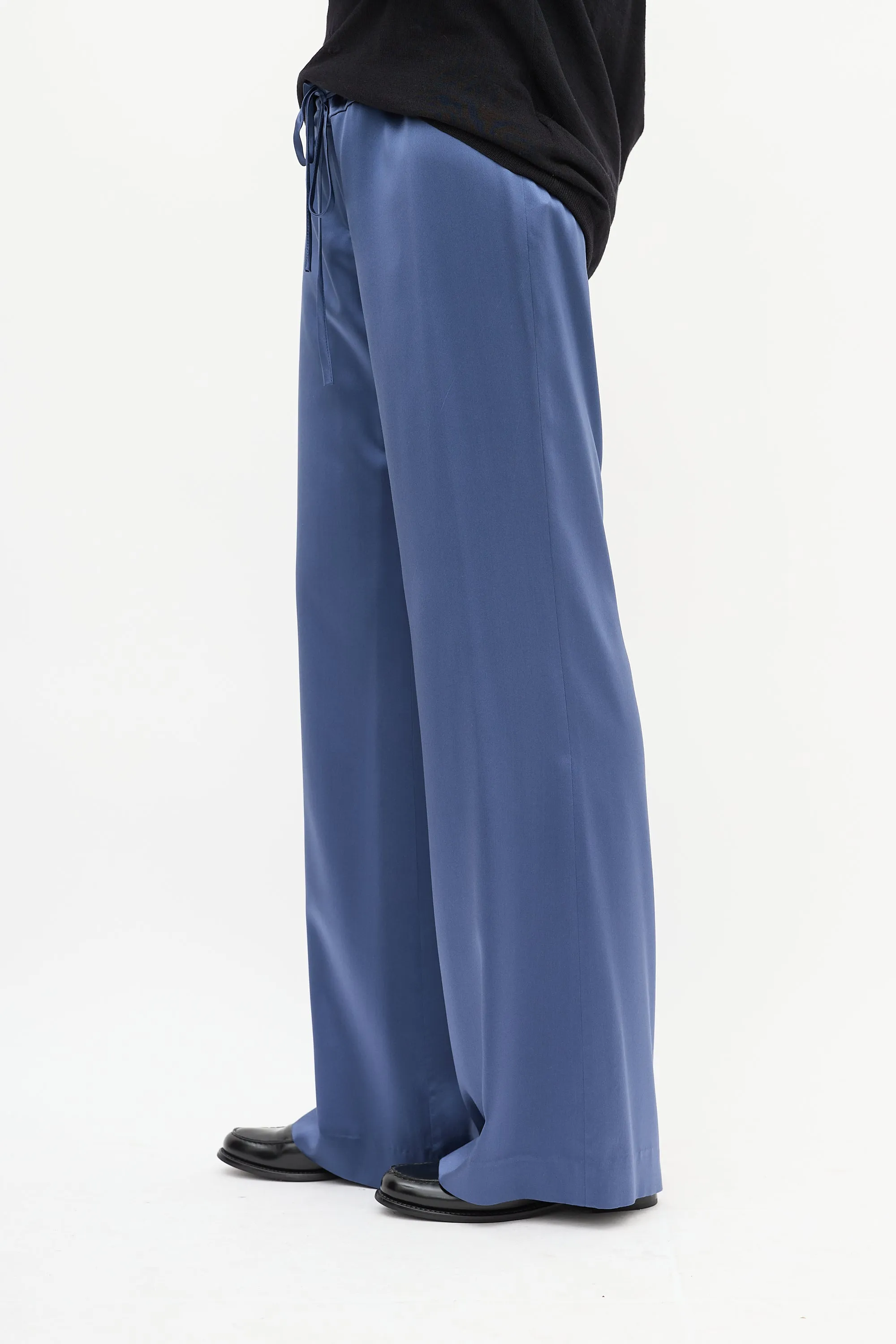 Blue Silk Drawstring Waist Straight Leg Trouser
