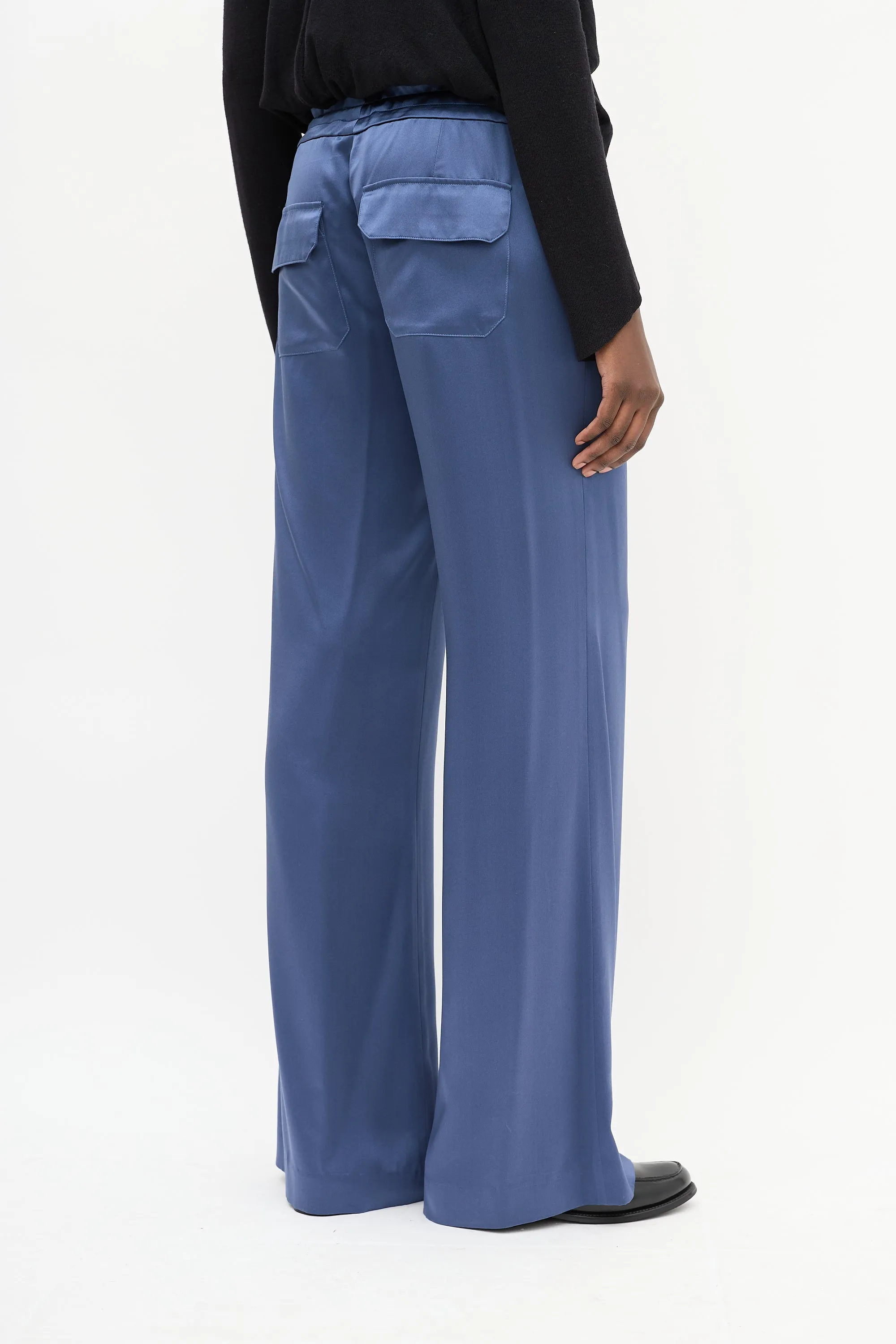 Blue Silk Drawstring Waist Straight Leg Trouser