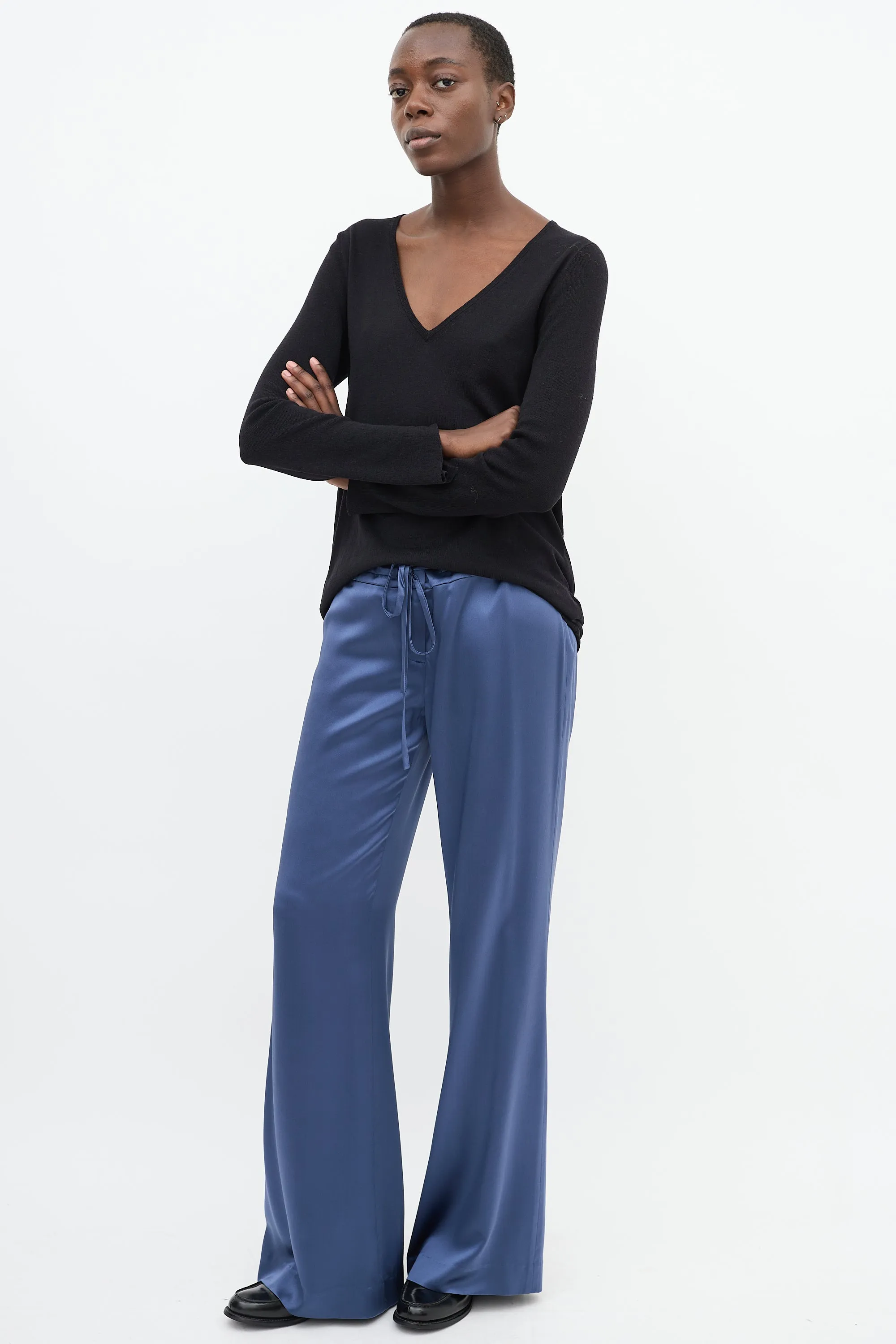 Blue Silk Drawstring Waist Straight Leg Trouser