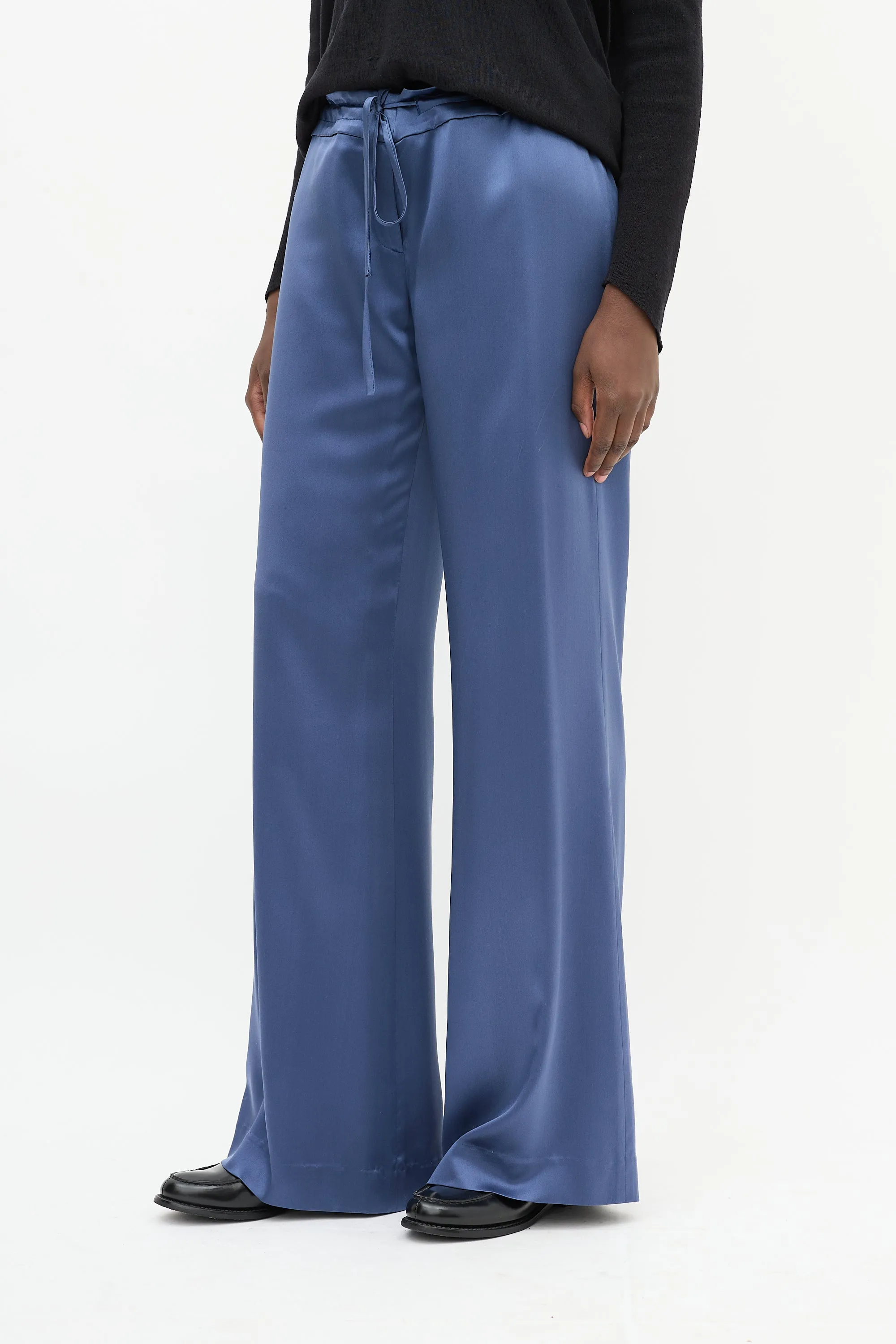 Blue Silk Drawstring Waist Straight Leg Trouser