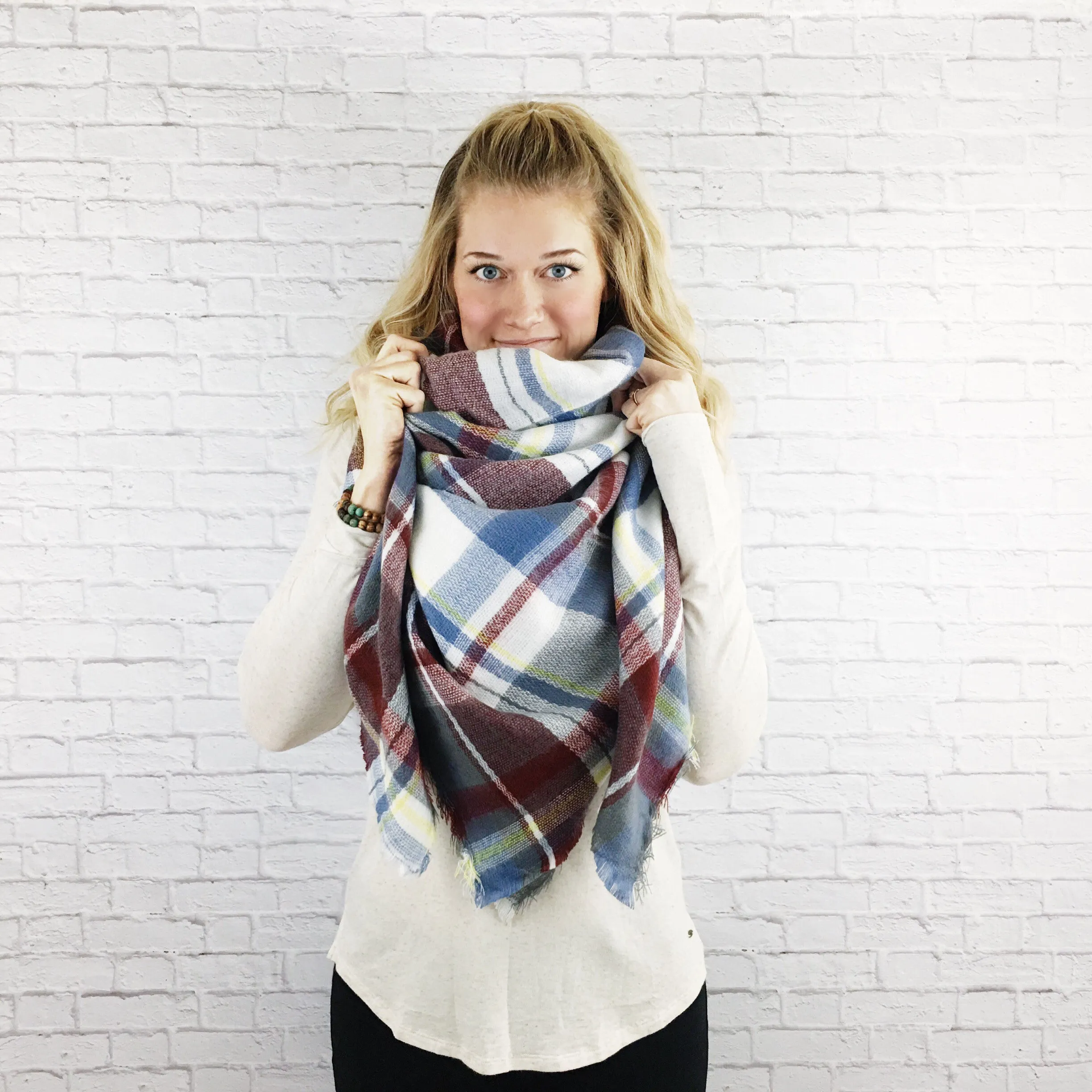 BLUE WINE PLAID Blanket Scarf Handmade Tartan Shawl Wrap Warmer