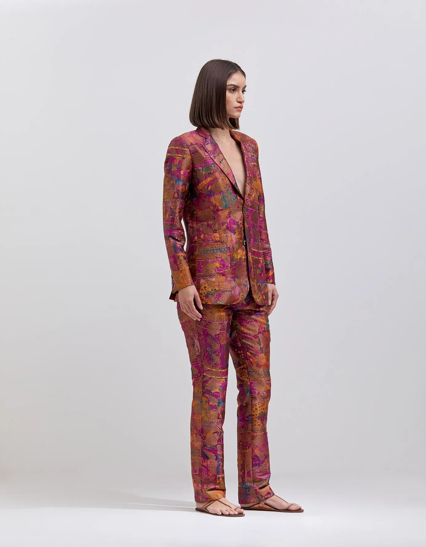 Boot Cut Trousers Silk Brocade Purple