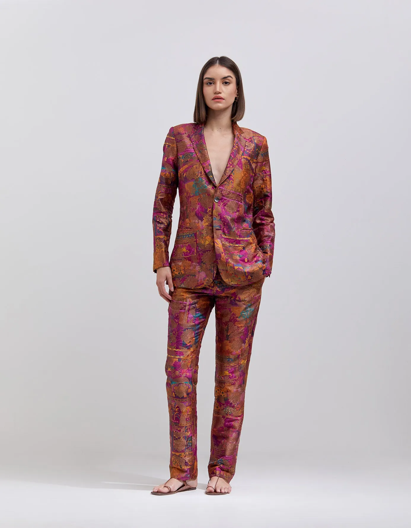 Boot Cut Trousers Silk Brocade Purple