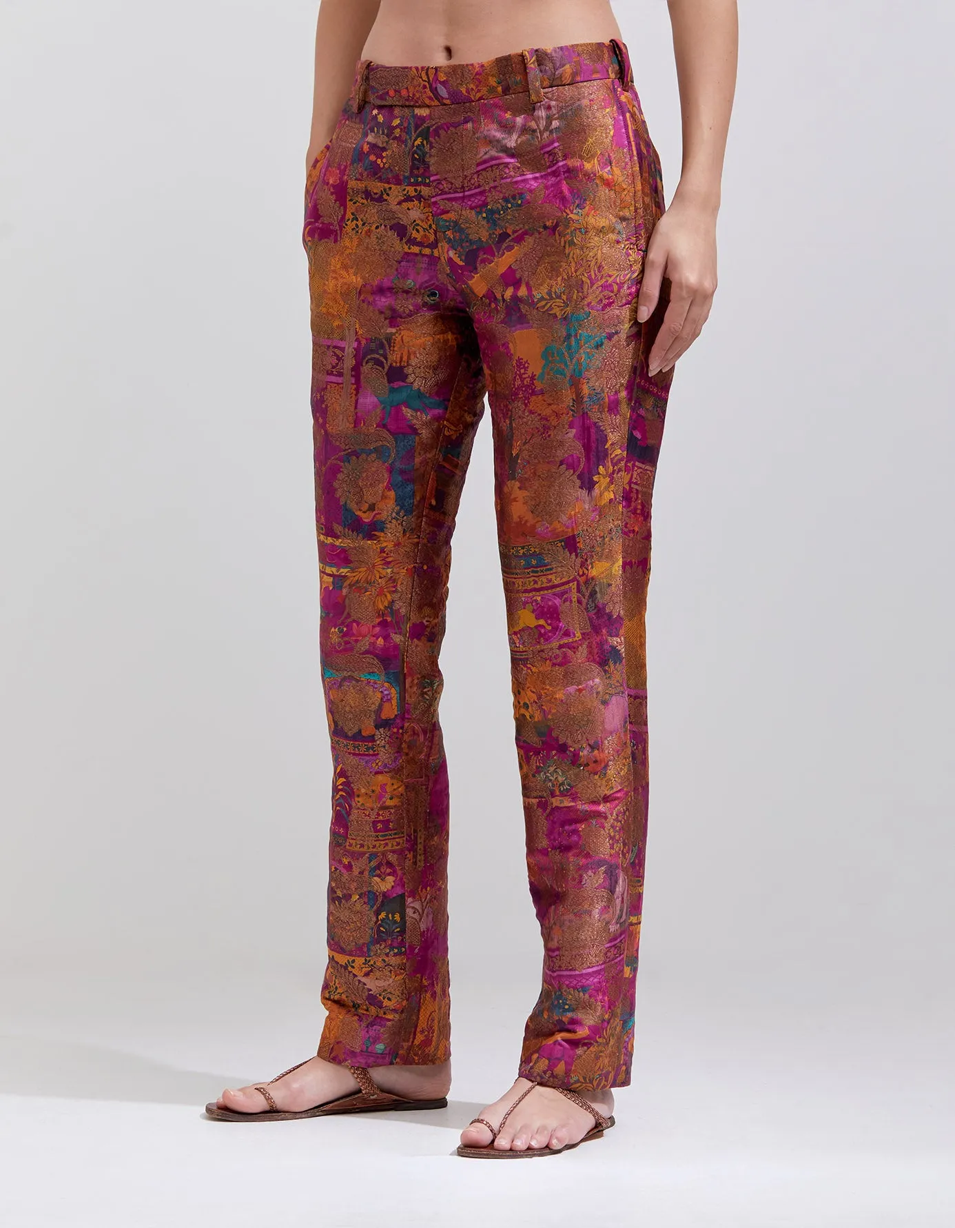 Boot Cut Trousers Silk Brocade Purple