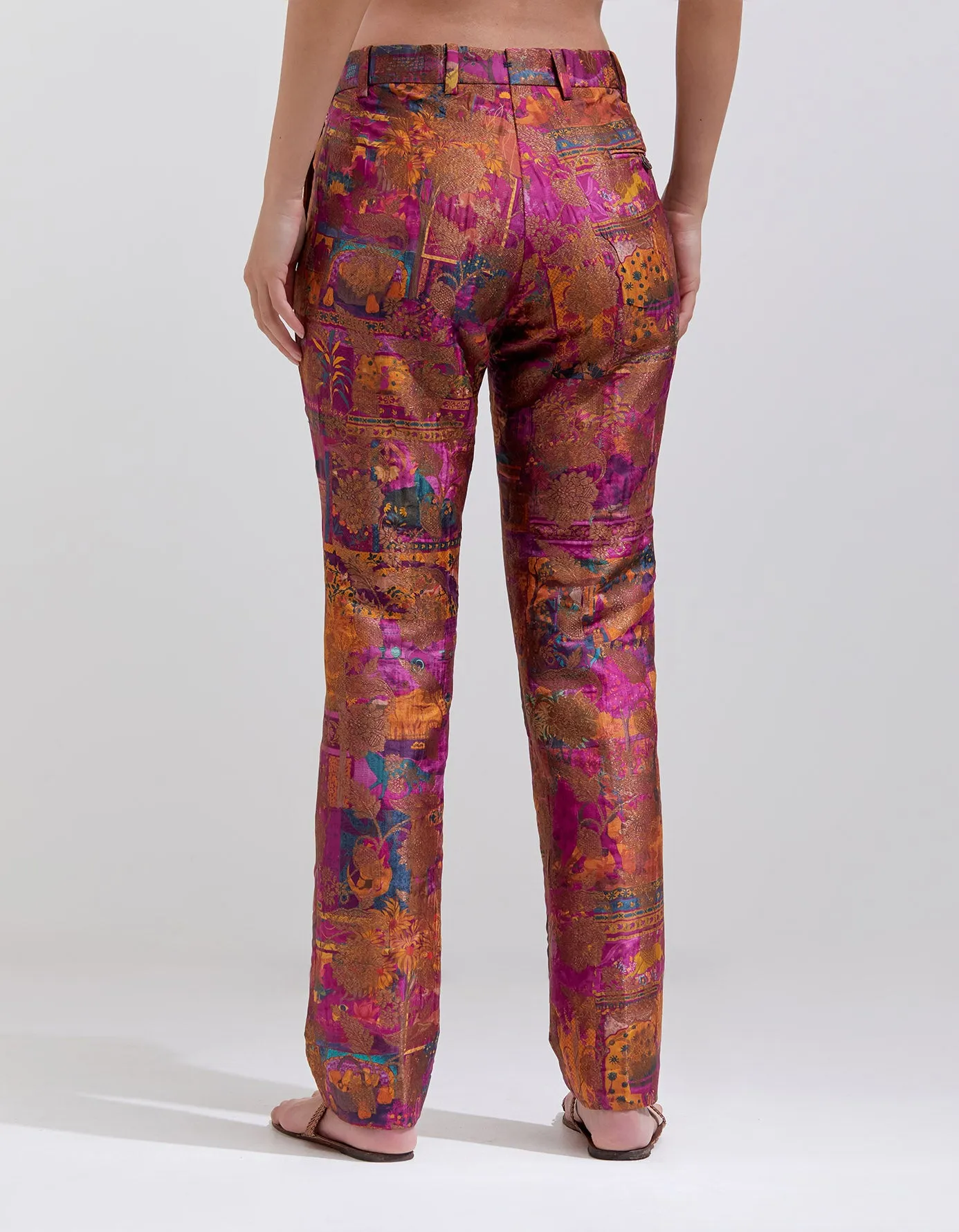 Boot Cut Trousers Silk Brocade Purple