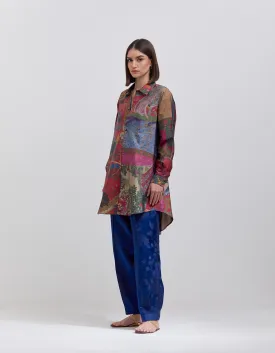 Bottom Pleat Trousers Silk Damask Ink Blue