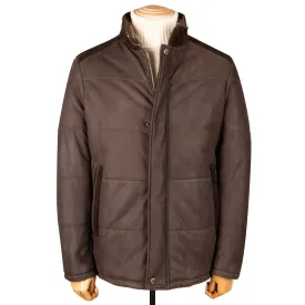 Brown Panelled Leather Hip-Length Coat