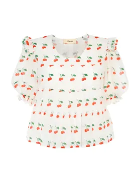 Chloe White Cherry Print Silk Voile Top