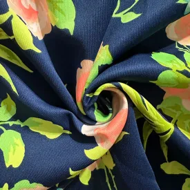 Dark Blue Neon Rose Print Scuba Knit Fabric
