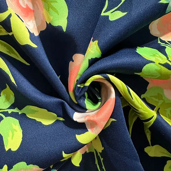 Dark Blue Neon Rose Print Scuba Knit Fabric