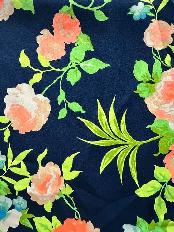 Dark Blue Neon Rose Print Scuba Knit Fabric