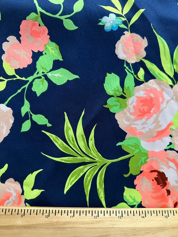 Dark Blue Neon Rose Print Scuba Knit Fabric