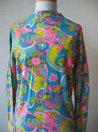 Deadstock Vintage Mini Dress 60s Mod Psychedelic Print Jersey Medium VFG