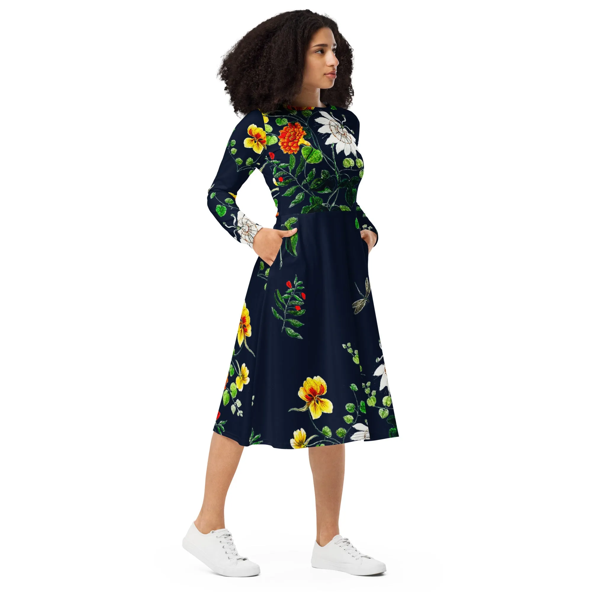 Floral Canvas long sleeve midi dress