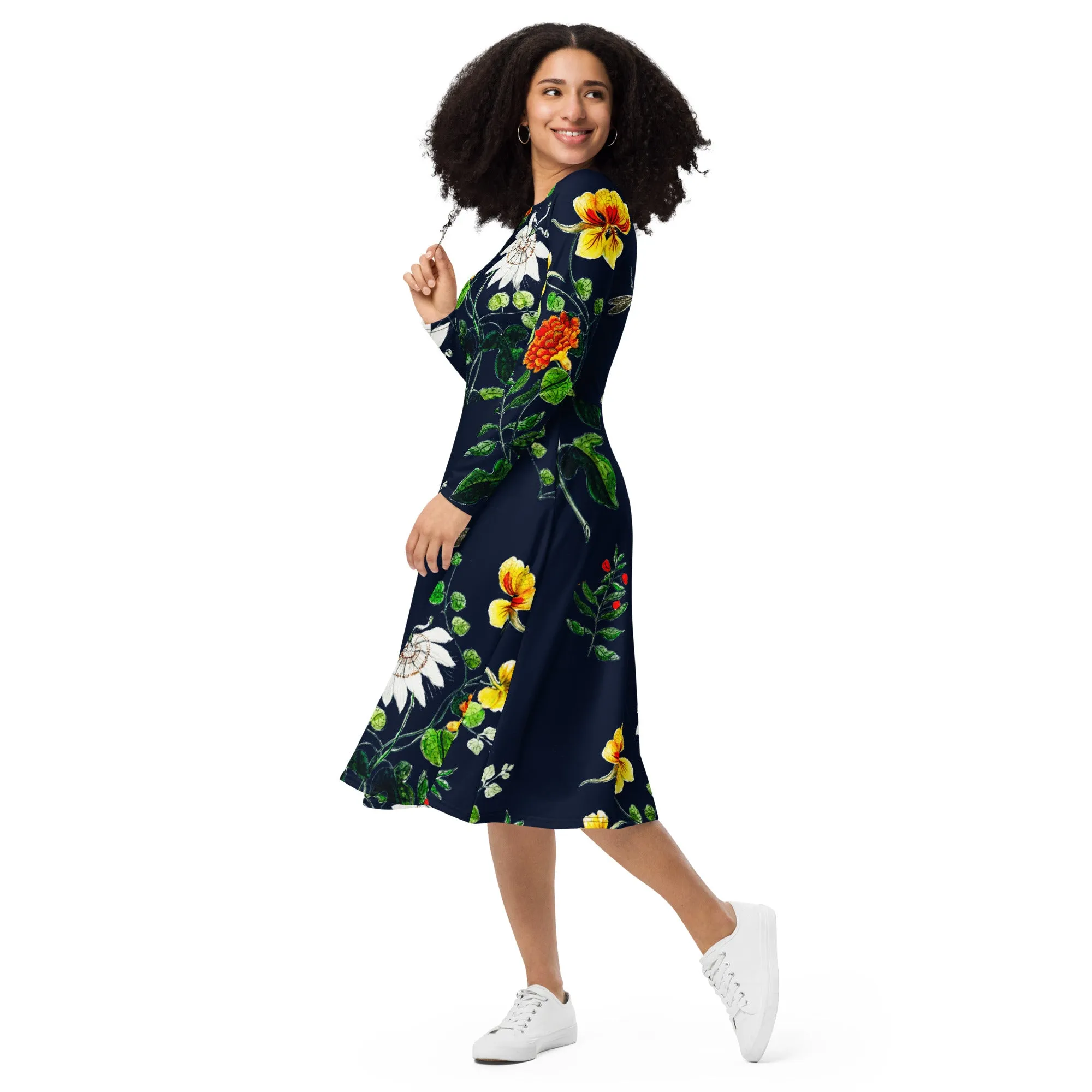 Floral Canvas long sleeve midi dress