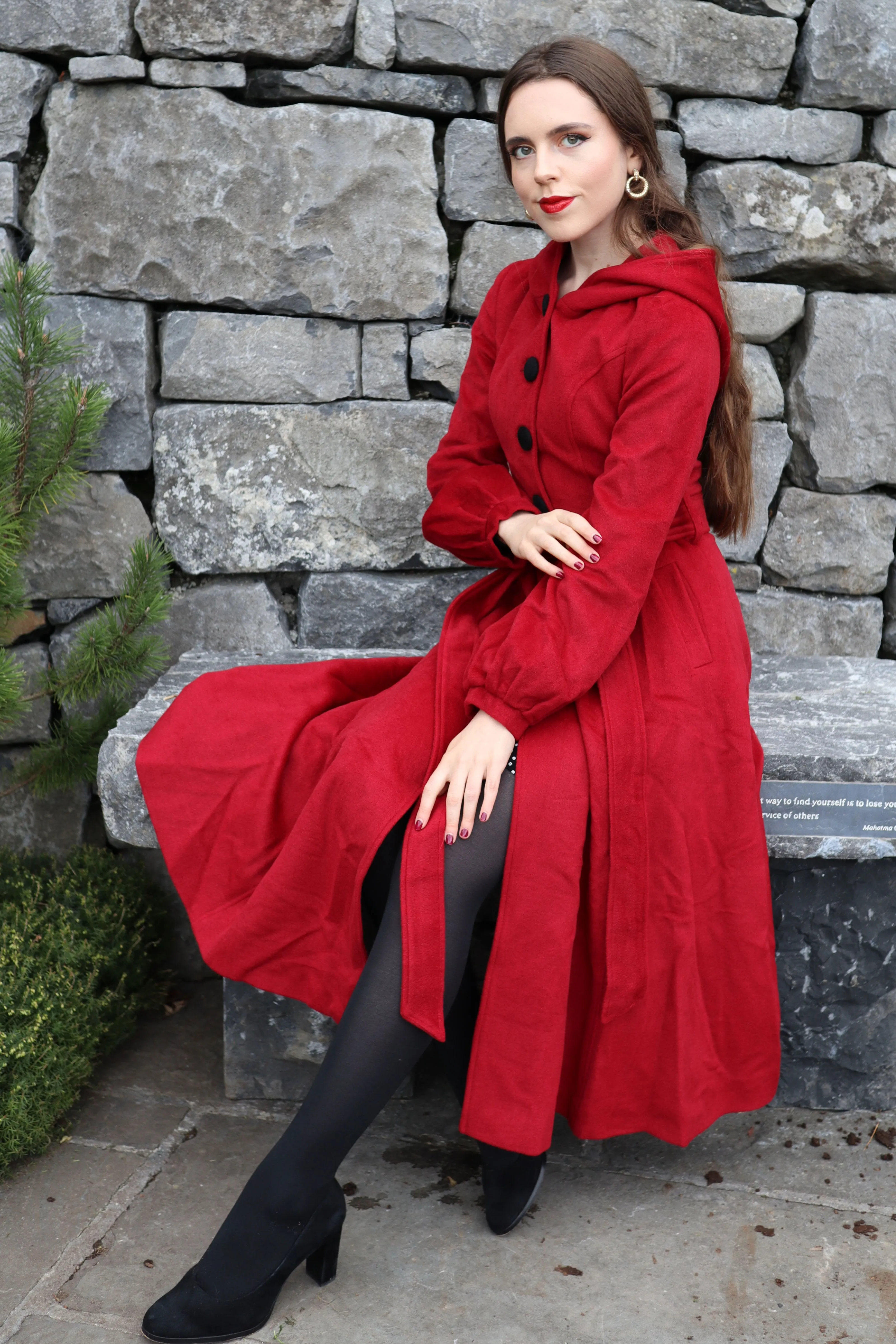 Handmade Wool-Blend Fit & Flare Coat with Hood & Belt 3229