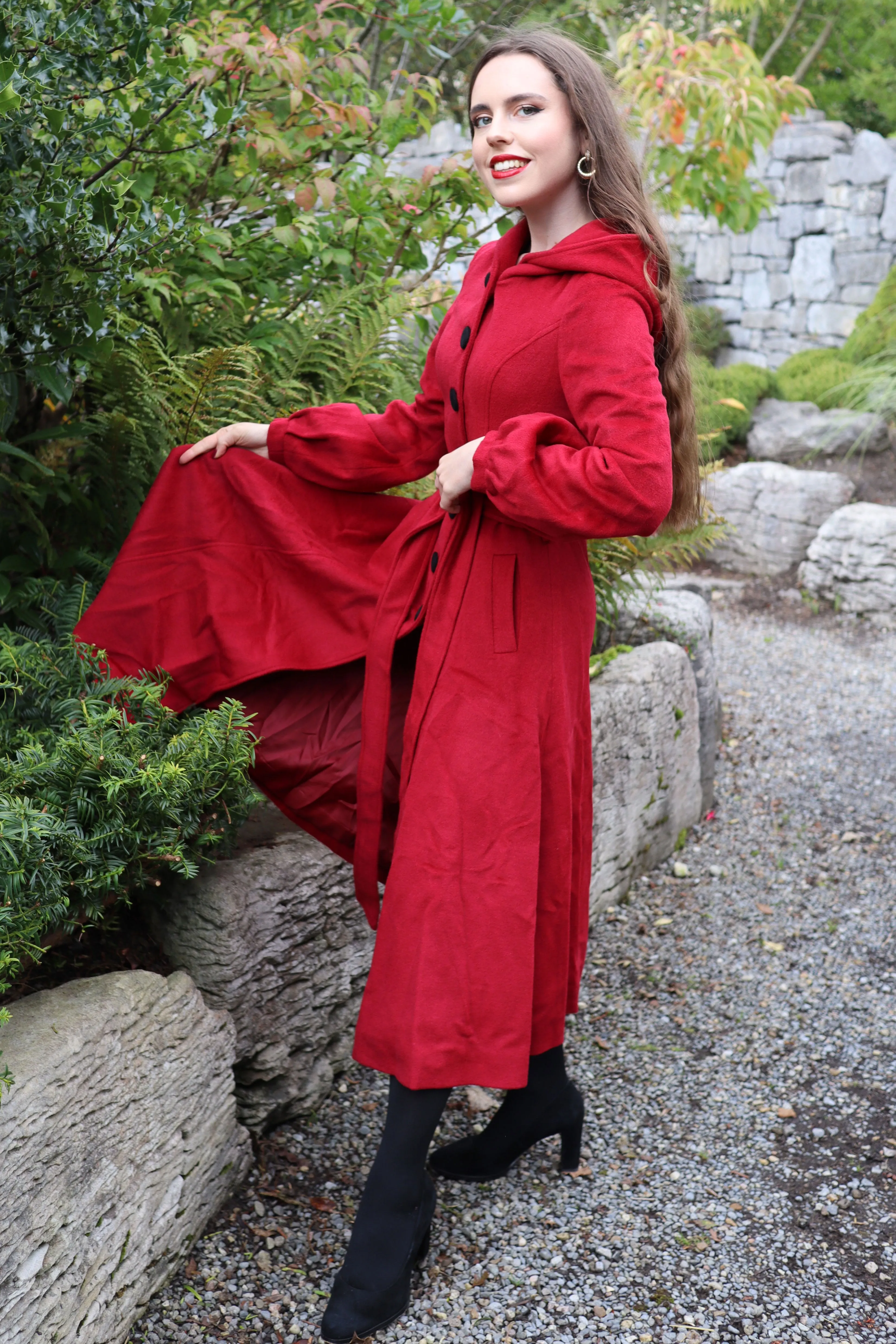 Handmade Wool-Blend Fit & Flare Coat with Hood & Belt 3229