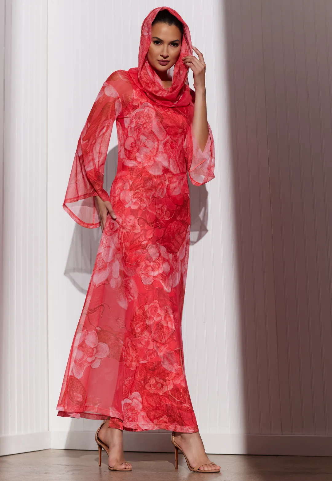 Karla Sheer Hoodie Gown in Coral Grandiflora