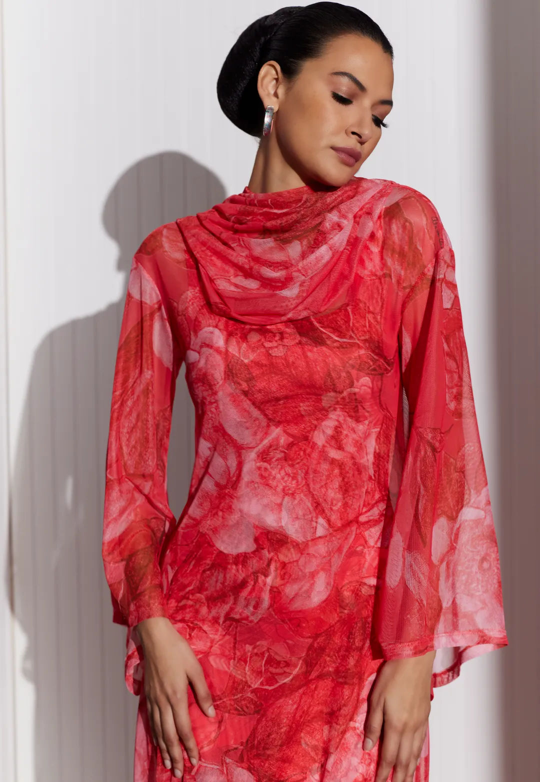 Karla Sheer Hoodie Gown in Coral Grandiflora