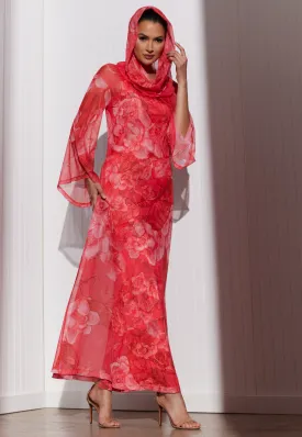 Karla Sheer Hoodie Gown in Coral Grandiflora