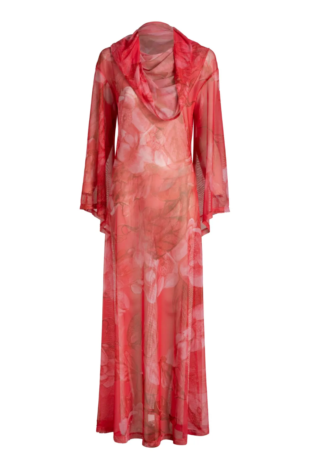 Karla Sheer Hoodie Gown in Coral Grandiflora