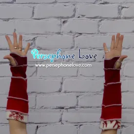 Katwise inspired needle-felted red Christmas theme wool upcycled sweater arm warmers-1331