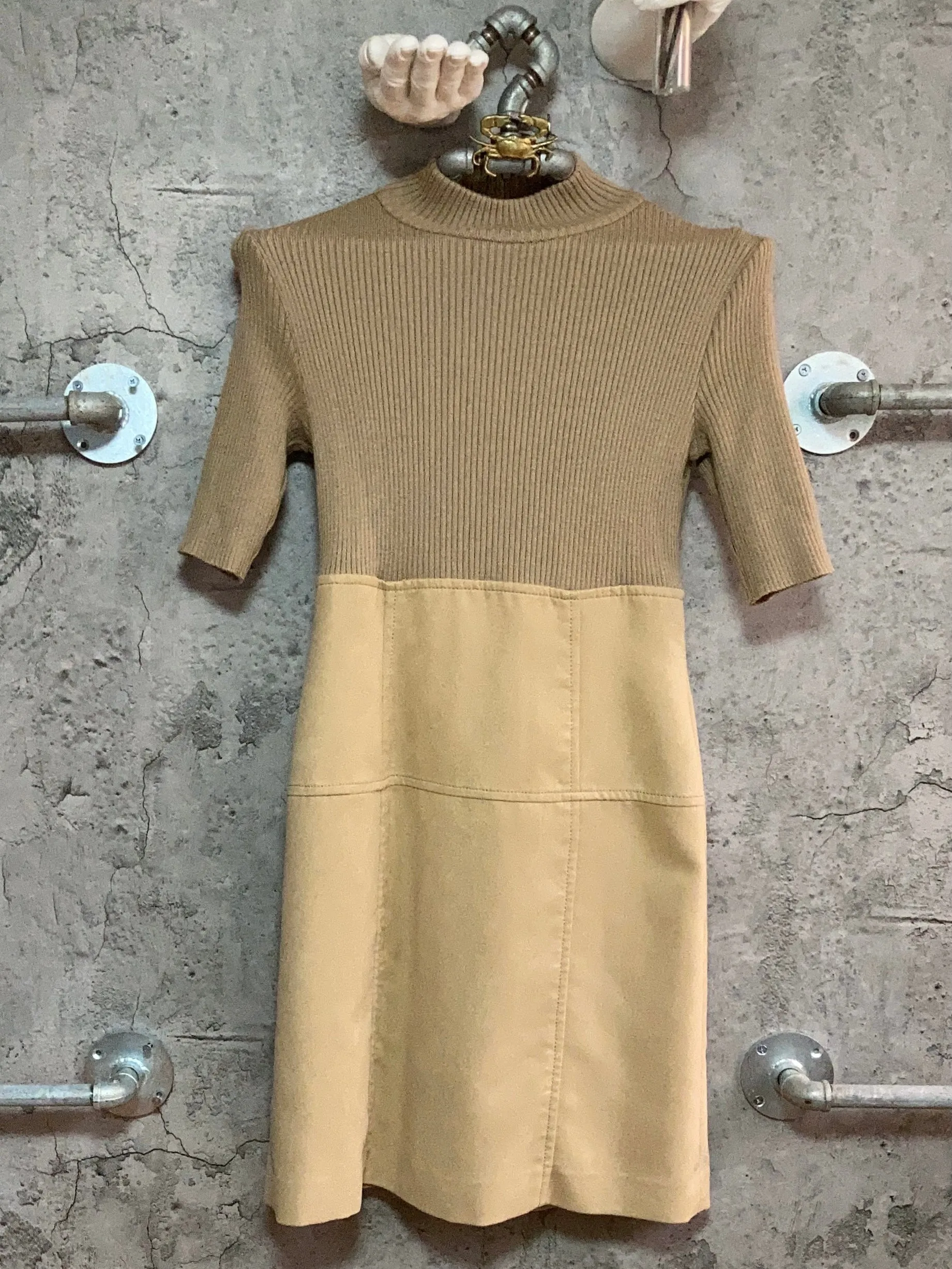 knit fake leather switching dress brown beige