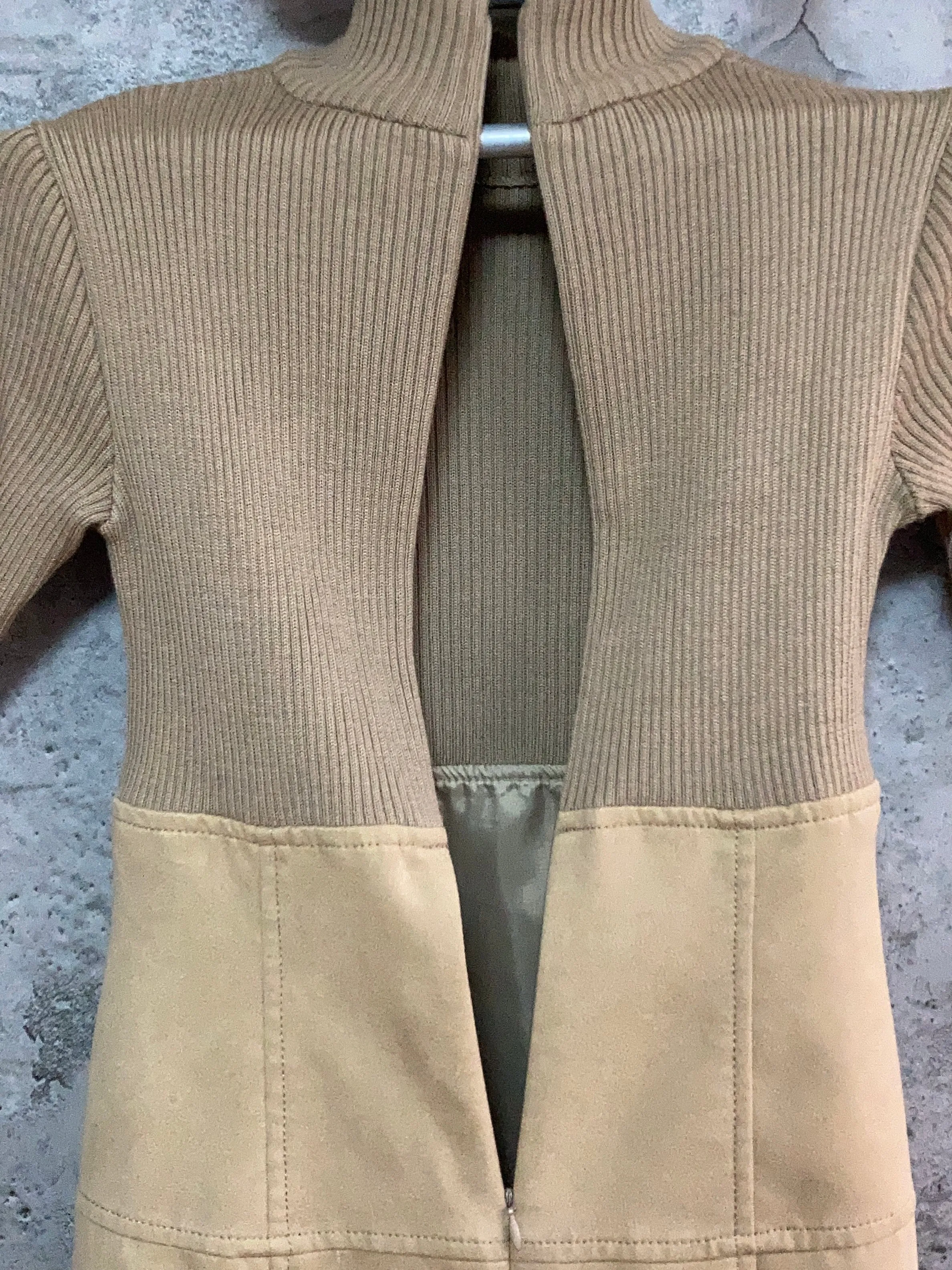knit fake leather switching dress brown beige