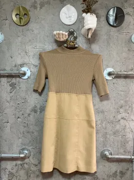 knit fake leather switching dress brown beige