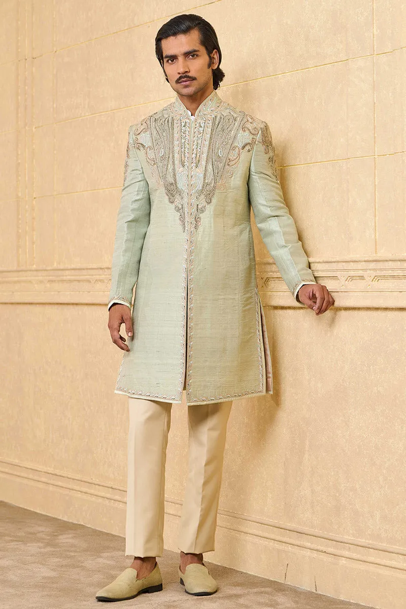 Light Green Achkan With Tissue Applique And Aari Embroidery