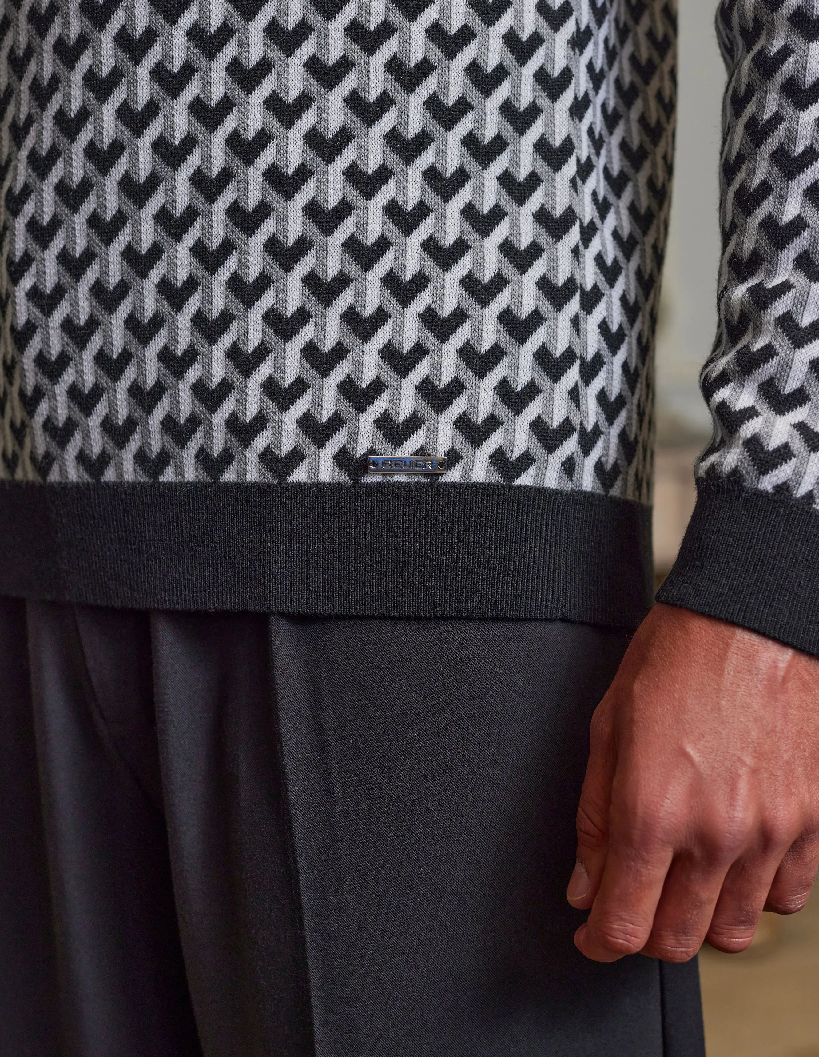 Men's Belier Black Long Sleeve Monochrome Illusion Print Polo Knitwear