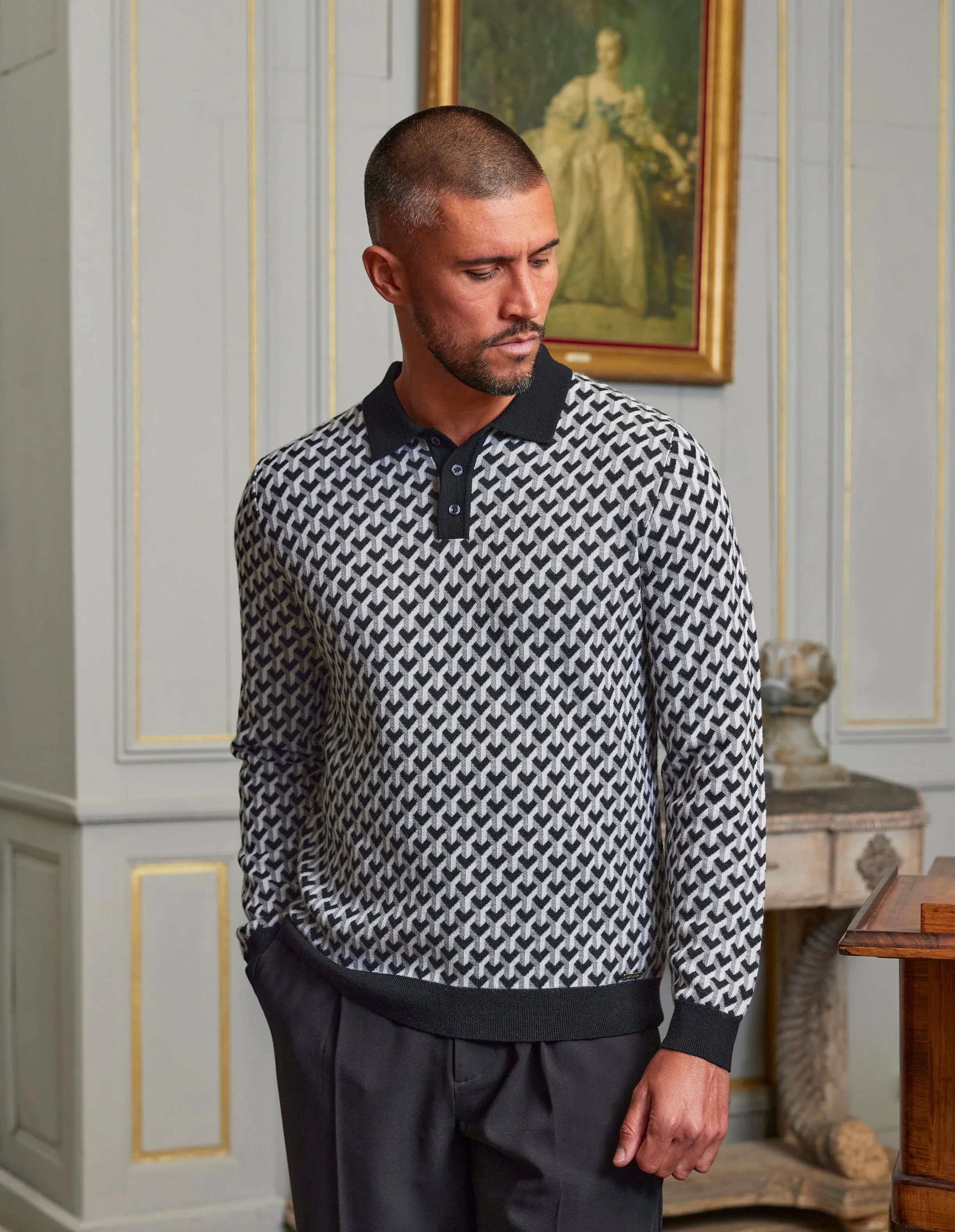 Men's Belier Black Long Sleeve Monochrome Illusion Print Polo Knitwear