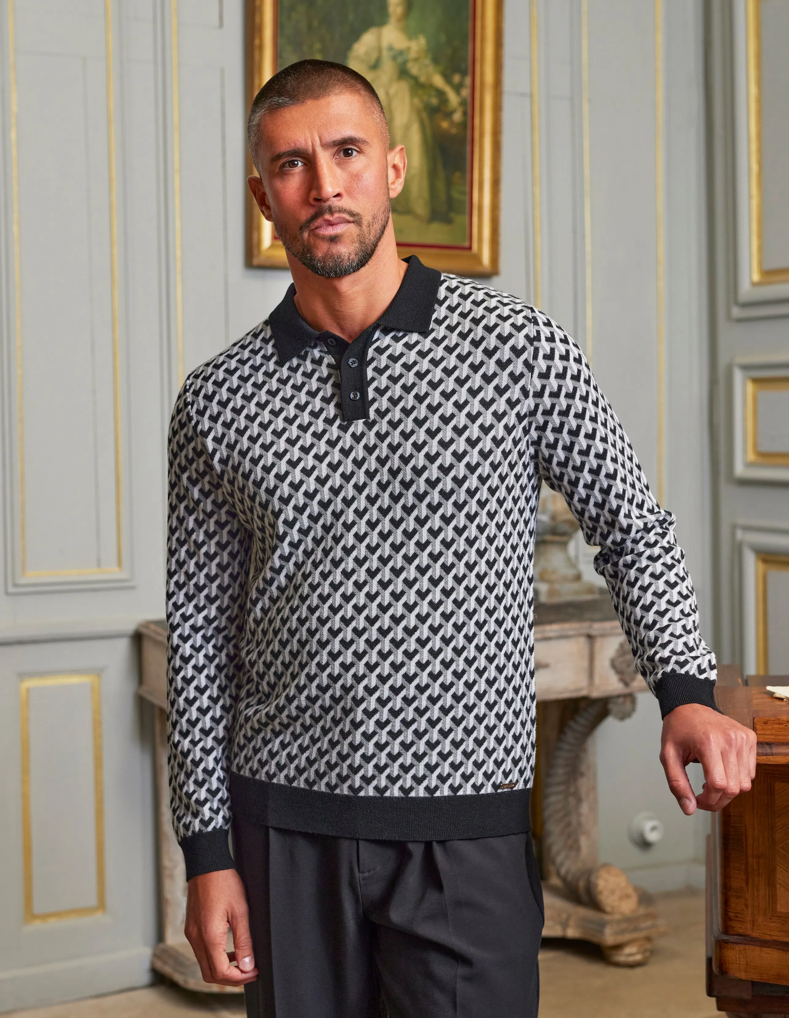 Men's Belier Black Long Sleeve Monochrome Illusion Print Polo Knitwear