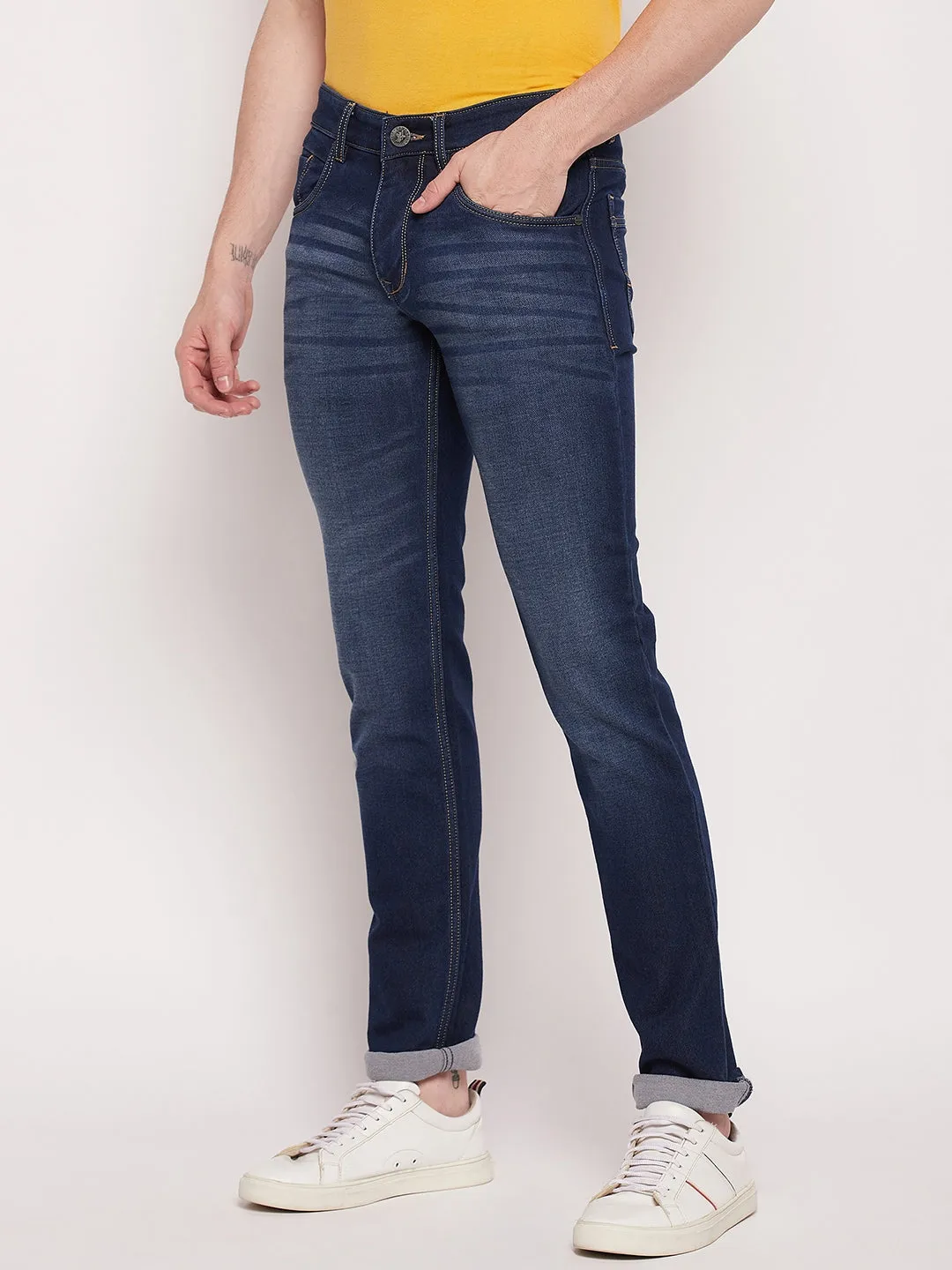 Men's Casual Straight Fit Dark mercerised Blue Medium Fade Mid rise Jeans