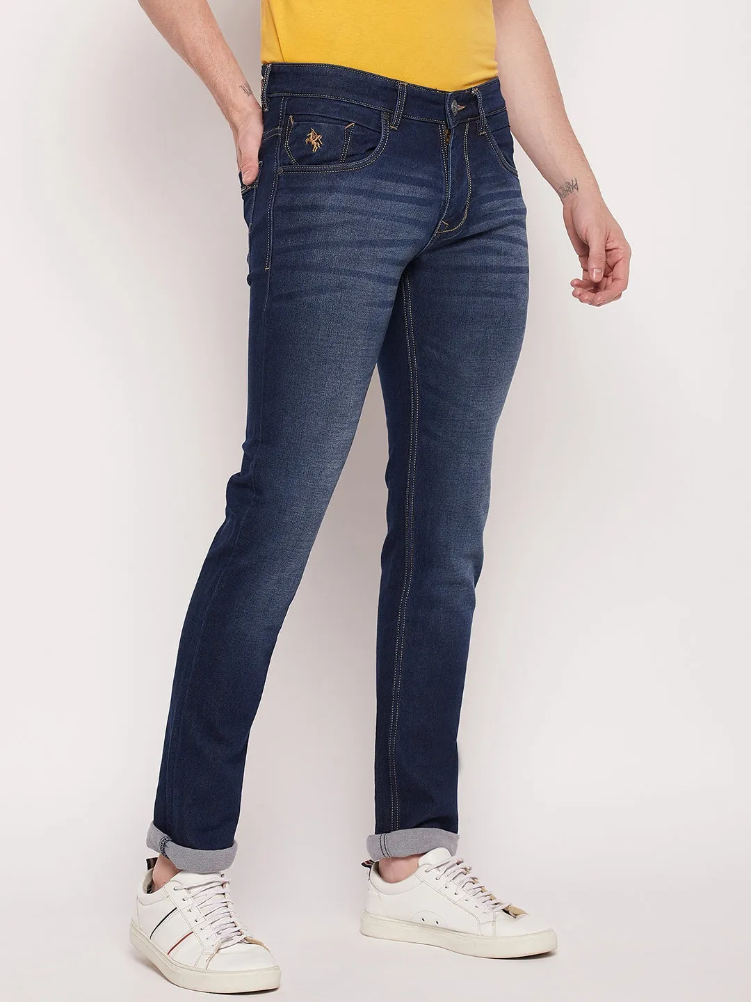 Men's Casual Straight Fit Dark mercerised Blue Medium Fade Mid rise Jeans