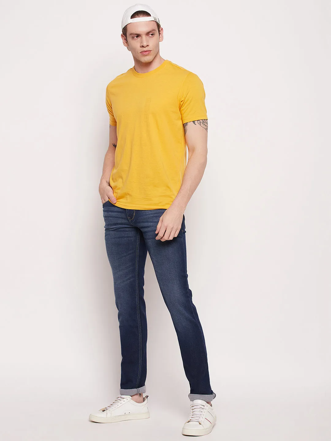 Men's Casual Straight Fit Dark mercerised Blue Medium Fade Mid rise Jeans